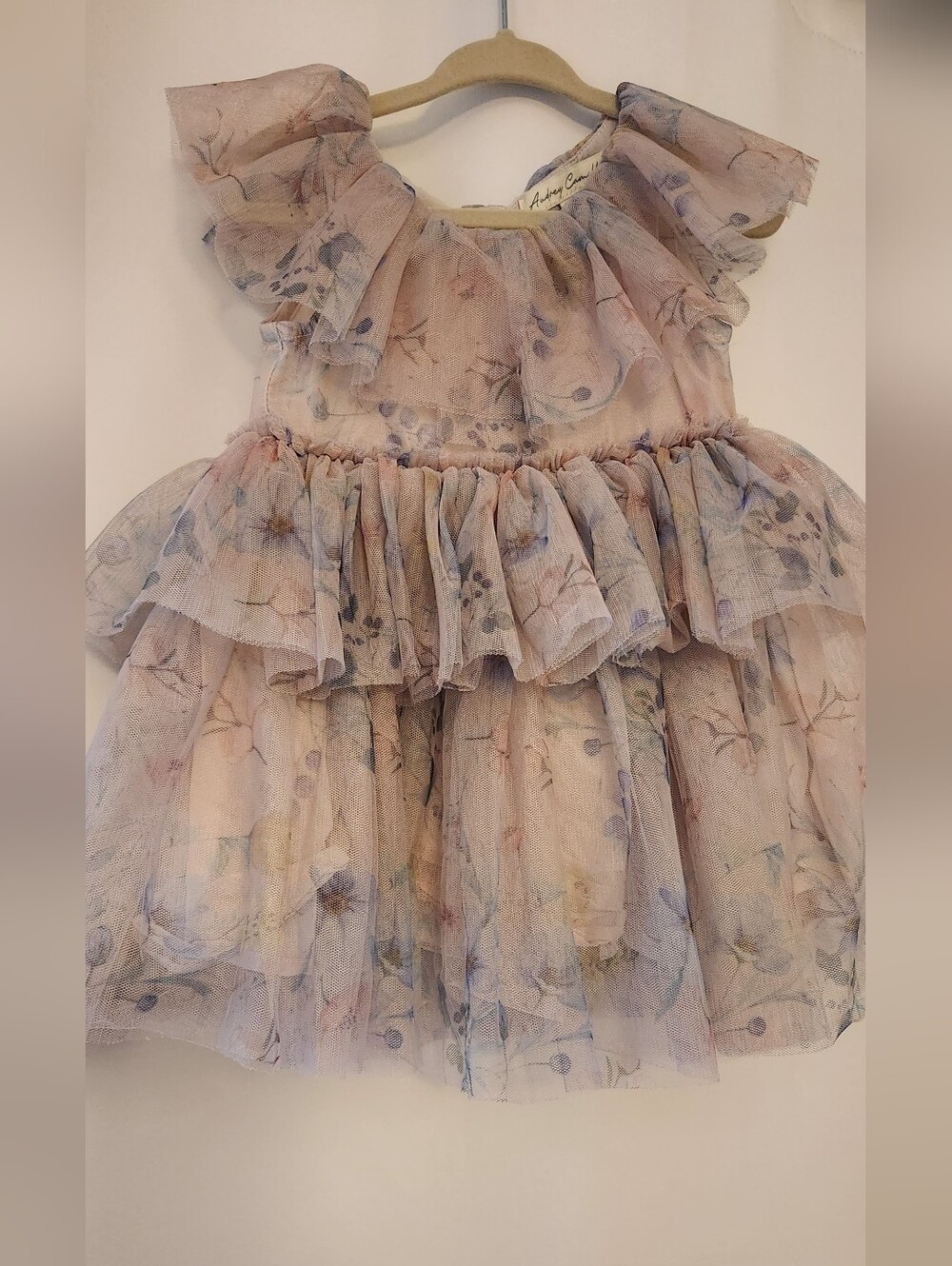 Floral Ruffled Tulle Dress in Soft Blush and Lavender
